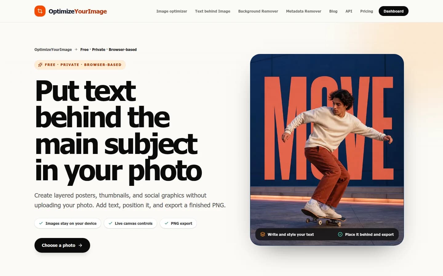 OptimizeYourImage Text Behind Object editor showing text layered behind a skateboarder